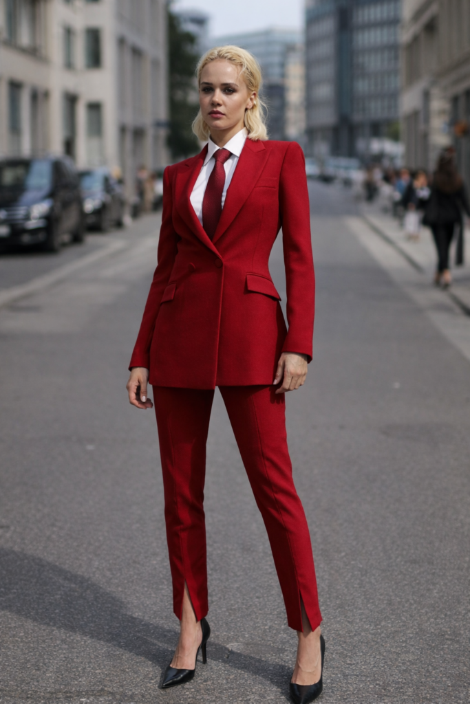 tailleur rosso con cravatta rossa donna